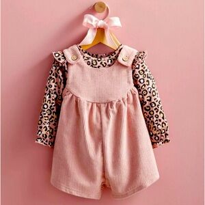Mud Pie Little Girls Pink Overall  & Leopard Top 2 Pc Set Size 12M-18M